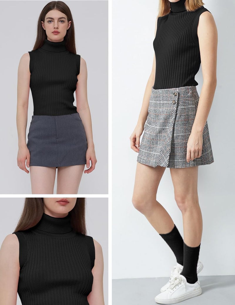 v28 Women Sleeveless High Neck Turtleneck Stretchable Knit Sweater Top (S, Black) - Image 5